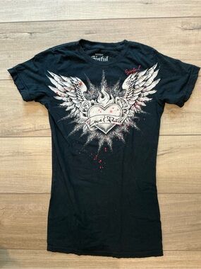 Sinful Black Tee with Winged Heart Graphic and Red Accents